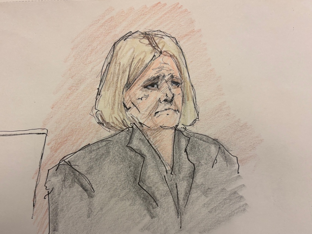 This courtroom sketch depicts Judge Hannah Dugan during the closing arguments at her trial in court, Thursday, Dec. 18, 2025 in Milwaukee, Wis. (Adela Tesnow via AP, Pool)