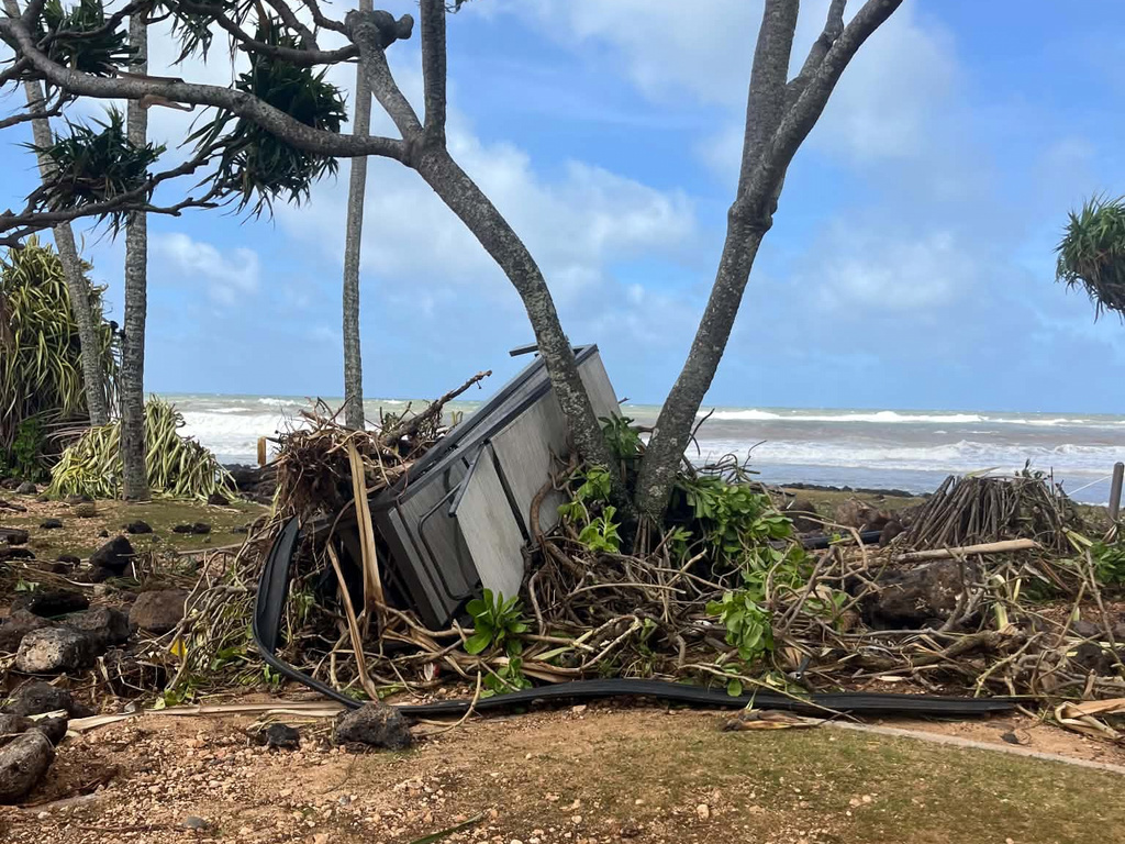 This photo provided by Barbie Braithwaite taken on Monday, Sept. 7, 2026, at the Ko’a Kea Resort in Kauai, Hawaii, shows damage left behind by Hurricane Lowell. (Barbie Braithwaite via AP) CORRECTION: Hurricane name corrected to Lowell from Low, adds byline and changes source type from staff to UGC