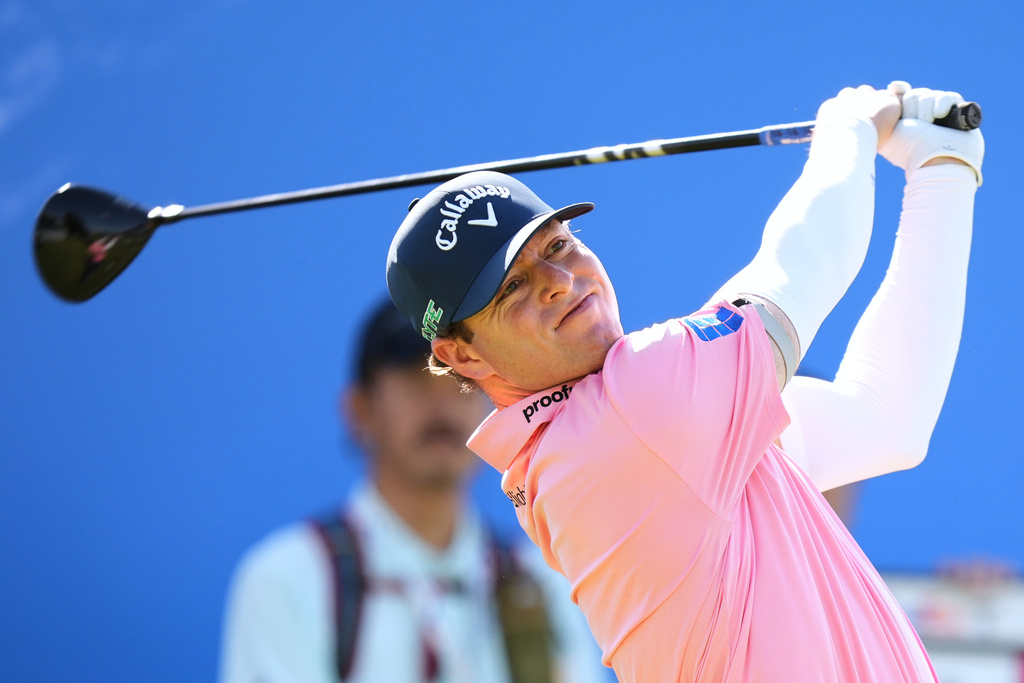 Max Greyserman of the U.S. tees off on the 10th hole during the second round of the Baycurrent Classic golf tournament at the Yokohama Country Club in Yokohama, near Tokyo, Friday, Oct. 10, 2025. (AP Photo/Hiro Komae)