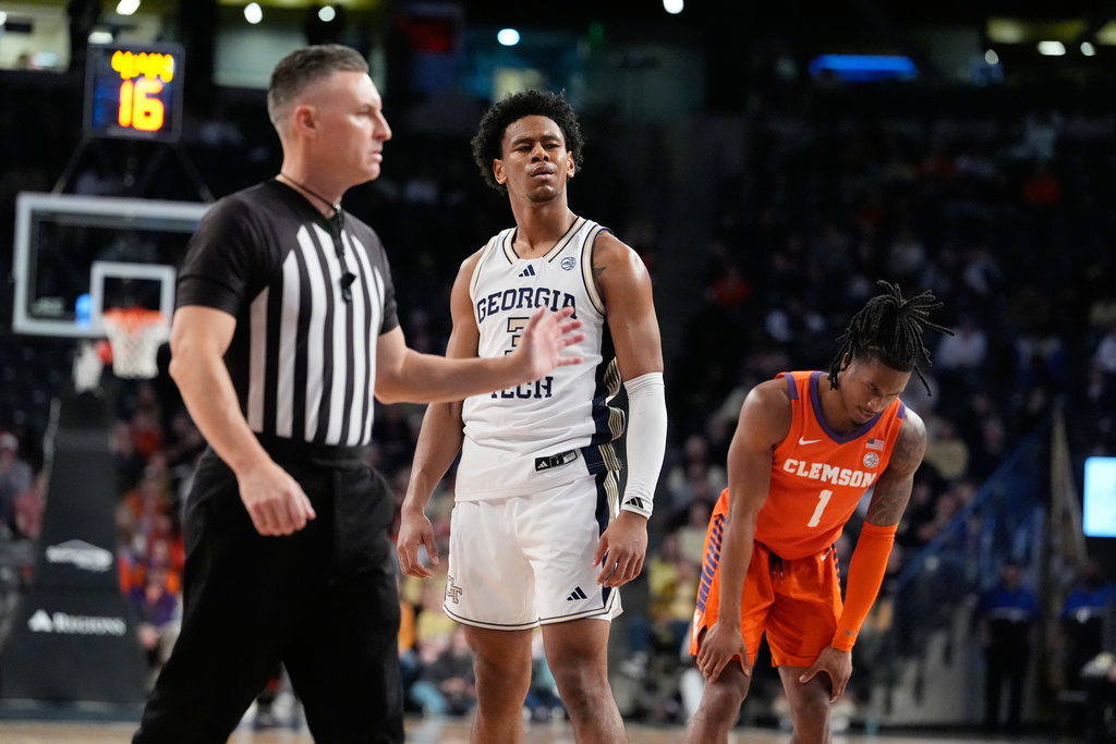 Georgia Tech guard Jaeden Mustaf (3) reacts to the referee during the second half of an NCAA college basketball game against Clemson, Saturday, Jan. 24, 2026, in Atlanta. (AP Photo/Brynn Anderson)
