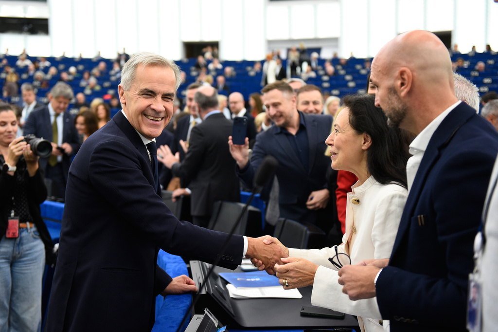 Canada's Prime Minister Mark Carney, left, arrives to deliver a speech at the European Parliament in Strasbourg, eastern France, Thursday, Sept 17, 2026. (AP Photo/Pascal Bastien)