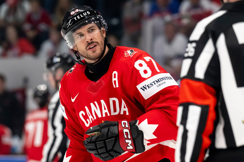 Canada's Sidney Crosby reacts during the Group B preliminary round between the Czech Republic and Canada at the men's ice hockey world championship in Fribourg, Switzerland, Tuesday, May 26, 2026. (Anthony Anex/Keystone via AP)
