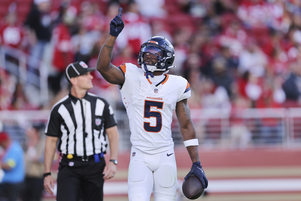 Denver Broncos wide receiver Trent Sherfield Sr. (5) celebrates after a touchdown catch during the first half of a preseason NFL football game San Francisco 49ers, Saturday, Aug. 9, 2025, in Santa Clara, Calif. (AP Photo/Kelley L Cox)