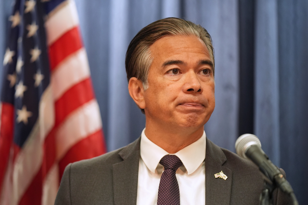 FILE - California Attorney General Rob Bonta comments on the Supreme Court's ruling overturning a federal judge's limits on "roving patrols" and enforcement stops by ICE agents in Southern California, during a news conference on Monday, Sept. 8, 2025. (AP Photo/Damian Dovarganes, file)