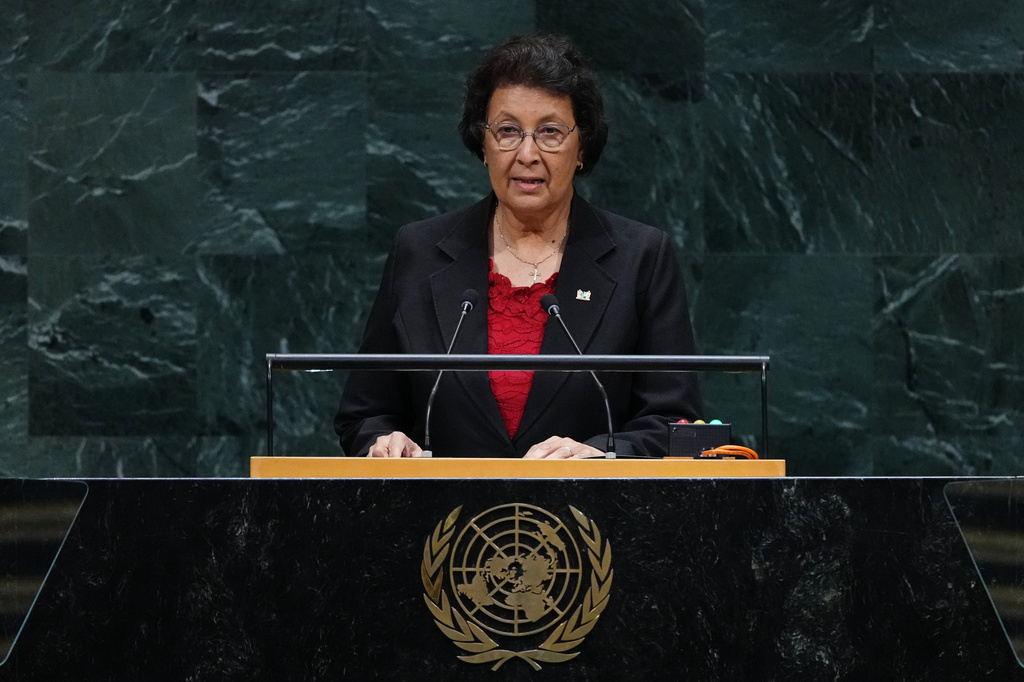 Suriname's President Jennifer Geerlings-Simons addresses the 81st session of the United Nations General Assembly at U.N. headquarters Tuesday, Sept. 22, 2026. (AP Photo/Frank Franklin II)