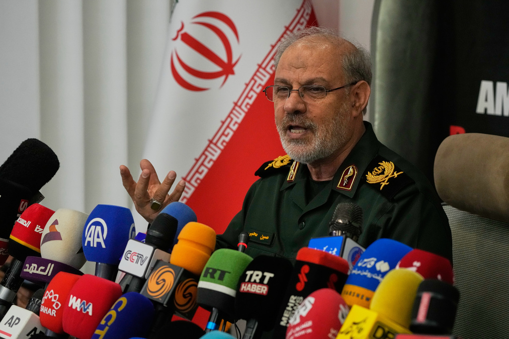 Iran's Revolutionary Guard spokesman Gen. Hossein Mohebbi speaks during a news conference in Tehran, Iran, Tuesday, Sept. 29, 2026. (AP Photo/Vahid Salemi)