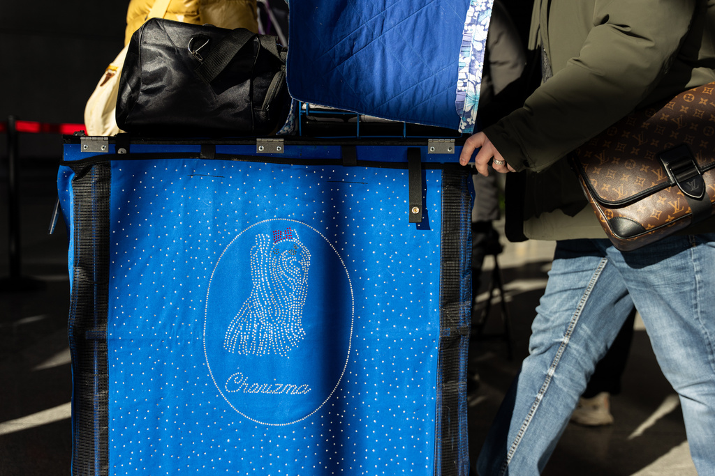 A carrier transporting show dog Charizma is pushed by her handler at the 150th Westminster Kennel Club Dog Show, Monday, Feb. 2, 2026, in New York. (AP Photo/Angelina Katsanis)
