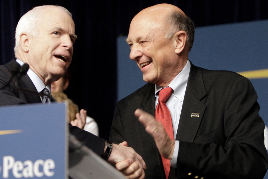 FILE - Republican presidential candidate Sen. John McCain, R-Ariz., left, shakes hands with R. James Woolsey, former Director of Central Intelligence, at a campaign event at Fresno State in Fresno, Calif., June 23, 2008. (AP Photo/LM Otero, File)