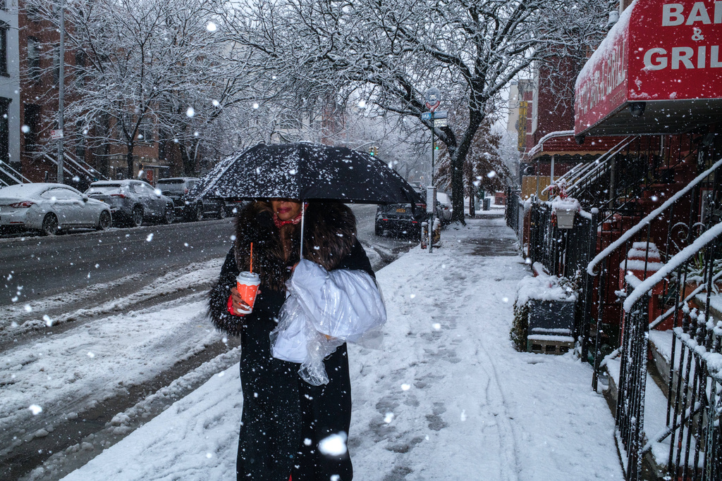 A person walks during falling snow, Sunday, Dec. 14, 2025, in the Brooklyn borough of New York. (AP Photo/Adam Gray)