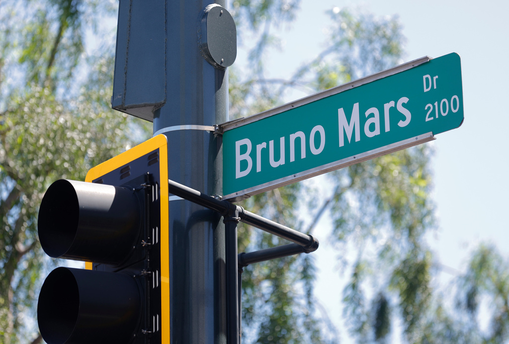 Bruno Mars Drive is shown at the Las Vegas Strip Friday, April 10, 2026, in Las Vegas, on "Bruno Mars Day." (Steve Marcus/Las Vegas Sun via AP)