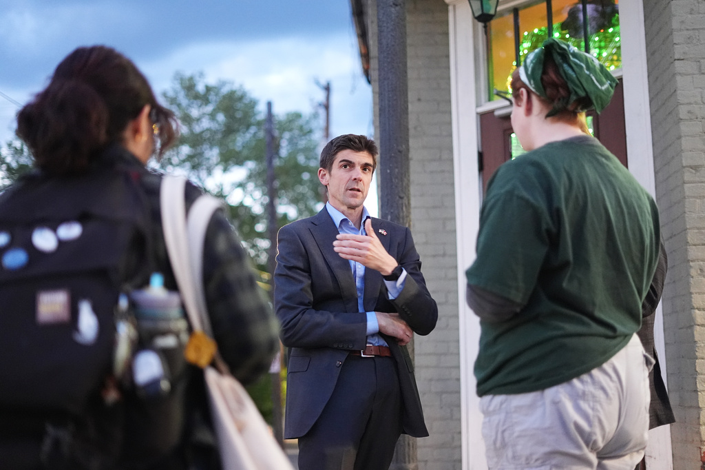 Ryan Crosswell, a candidate for the Democratic nomination in Pennsylvania's 7th Congressional District, speaks speaks outside a social event in Bethlehem, Pa., Monday, May 11, 2026. (AP Photo/Matt Rourke)
