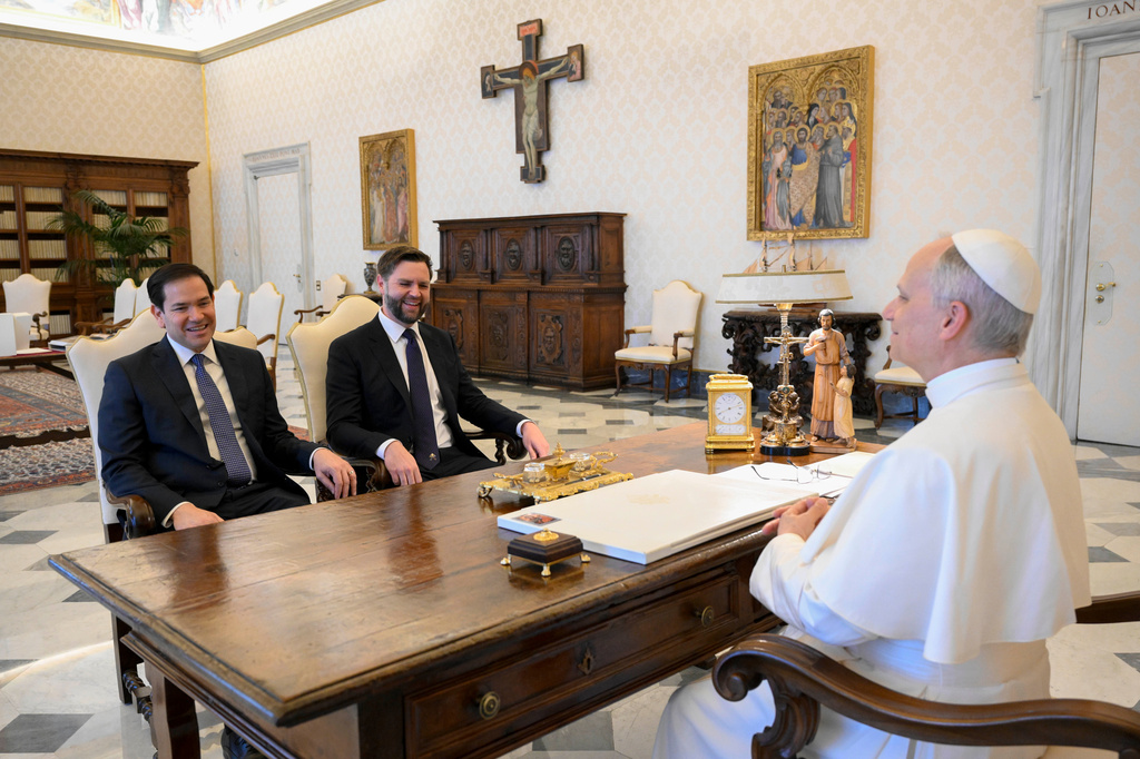 FILE - Pope Leo XIV meets with Vice President JD Vance, center, and Secretary of State Marco Rubio, at the Vatican, May 19, 2025. (Vatican Media via AP File)