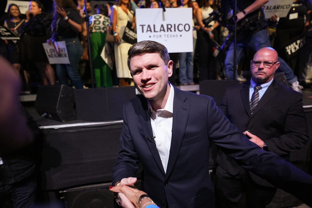 Texas state Rep. James Talarico, D-Austin, a Democratic candidate for the U.S. Senate, greets supporters at a primary election watch party Tuesday, March 3, 2026, in Austin, Texas. (AP Photo/Eric Gay)