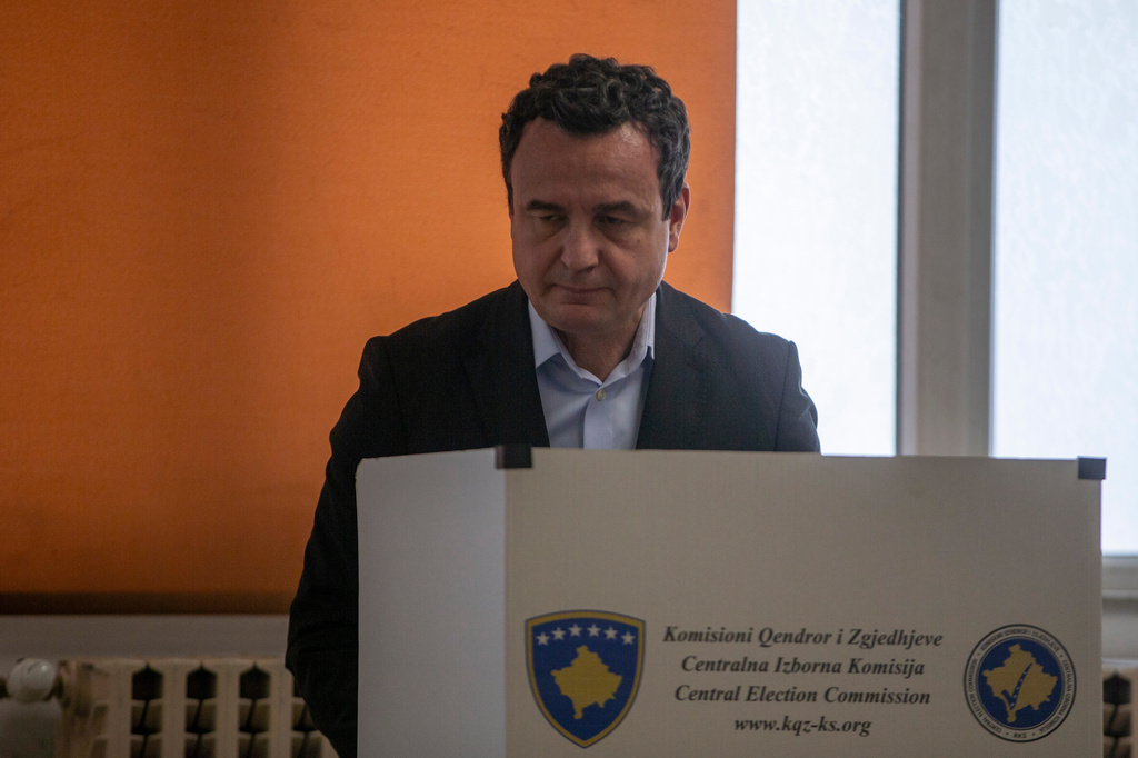 Kosovo's acting Prime Minister and Vetevendosje party leader Albin Kurti votes during parliamentary election in Kosovo capital Pristina, on Sunday, June 7, 2026. (AP Photo/Visar Kryeziu)