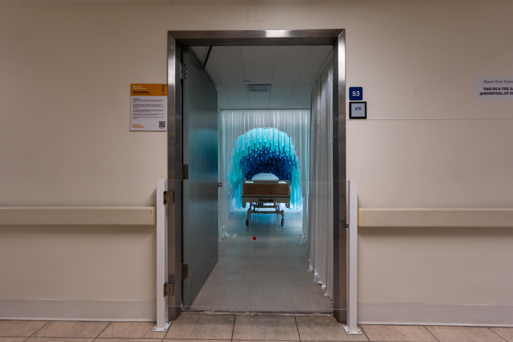 Corrie Sullivan's installation "Layers of Hope" is displayed during the "Hospital of Emotions" exhibition inside a former hospital building in Los Angeles, Wednesday, July 22, 2026. (AP Photo/Jae C. Hong)