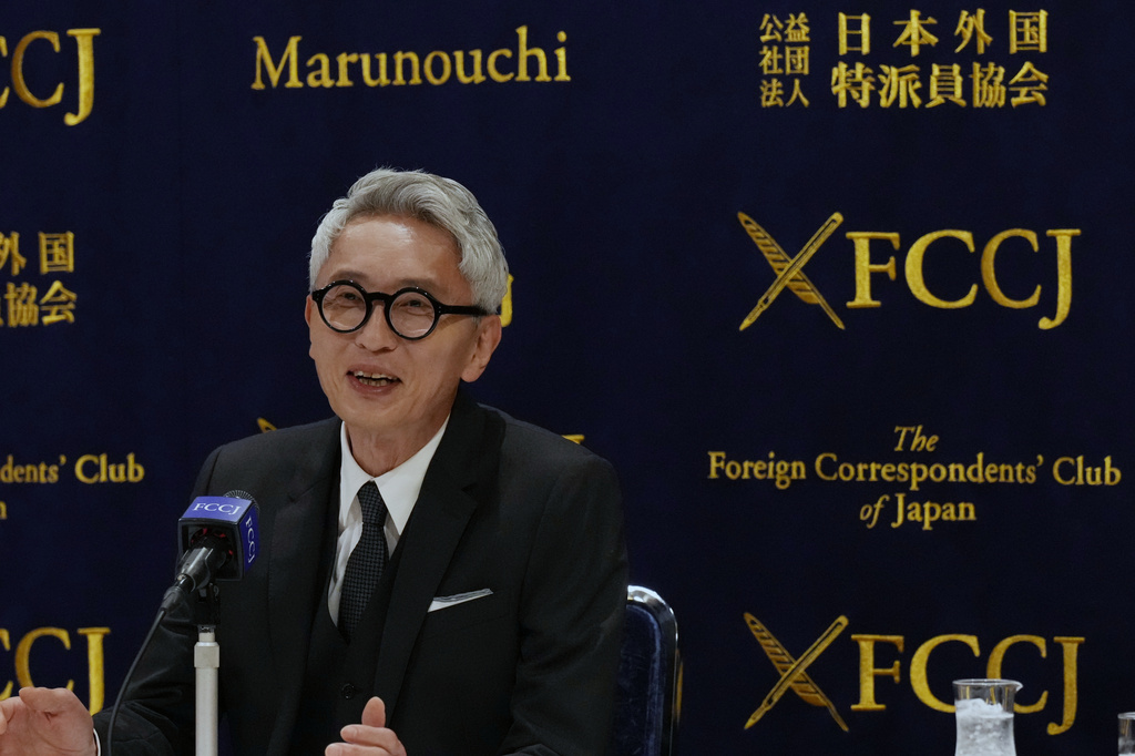 Yutaka Matsushige, a Japanese actor, speaks during a news conference on a popular TV drama where he stars, in Tokyo, Thursday, April 16, 2026. (AP Photo/Hiro Komae)