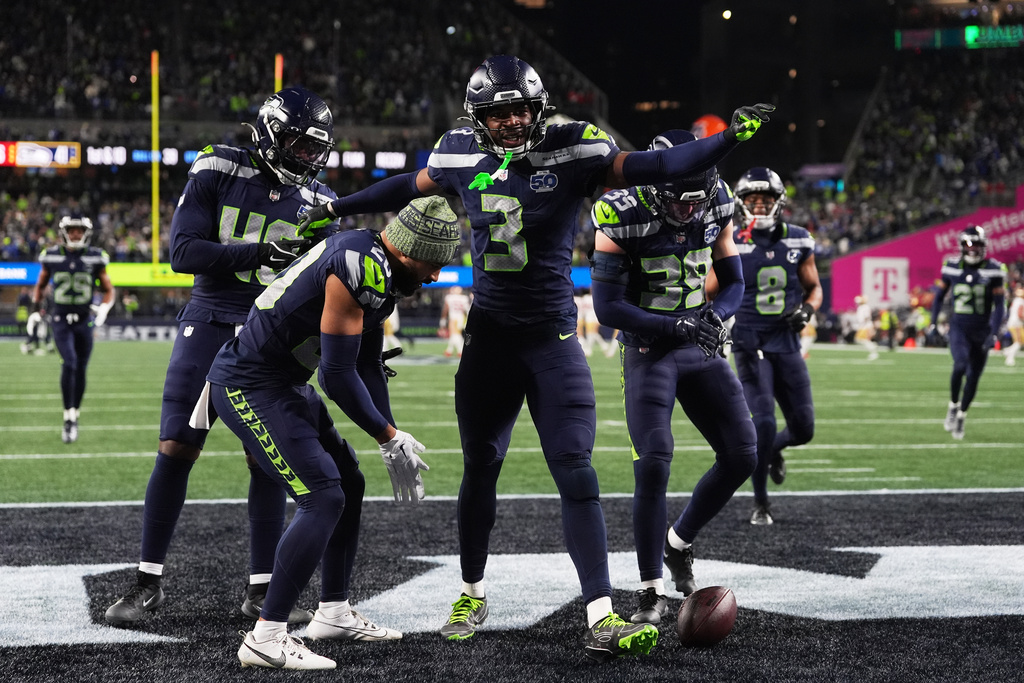 Seattle Seahawks safety Nick Emmanwori (3) celebrates after recovering ball fumbled by San Francisco 49ers quarterback Brock Purdy, not pictured, during the second half of an NFL football divisional playoff game Saturday, Jan. 17, 2026, in Seattle. (AP Photo/Lindsey Wasson)