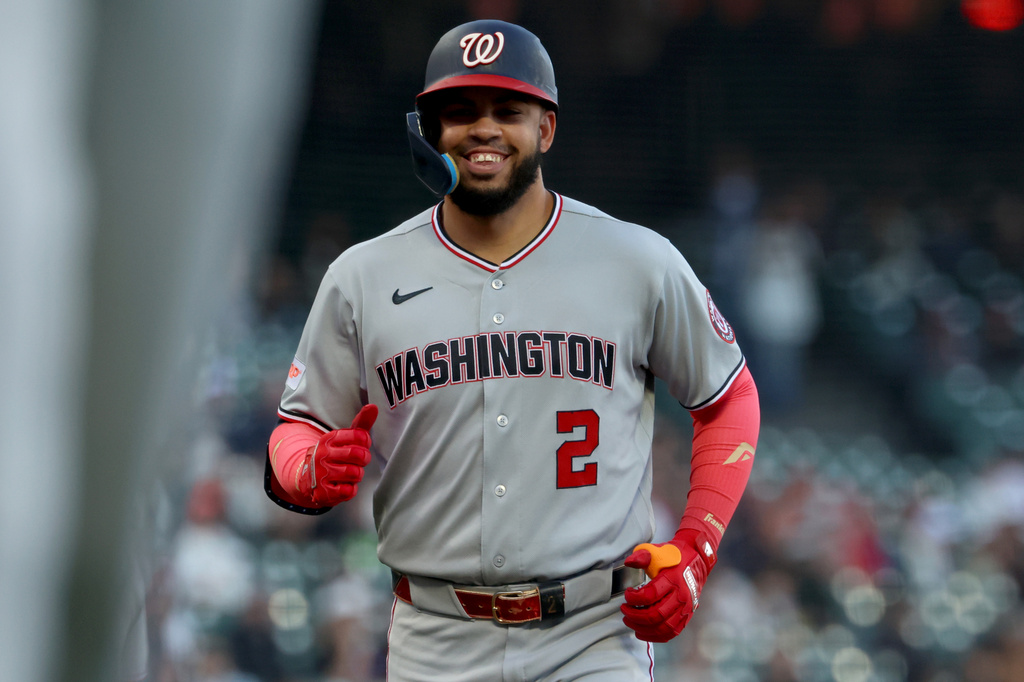 Washington Nationals' Luis García Jr. rounds the bases after hitting a two-run home run during the first inning of a baseball game against the San Francisco Giants in San Francisco, Tuesday, June 9, 2026. (AP Photo/Jed Jacobsohn)