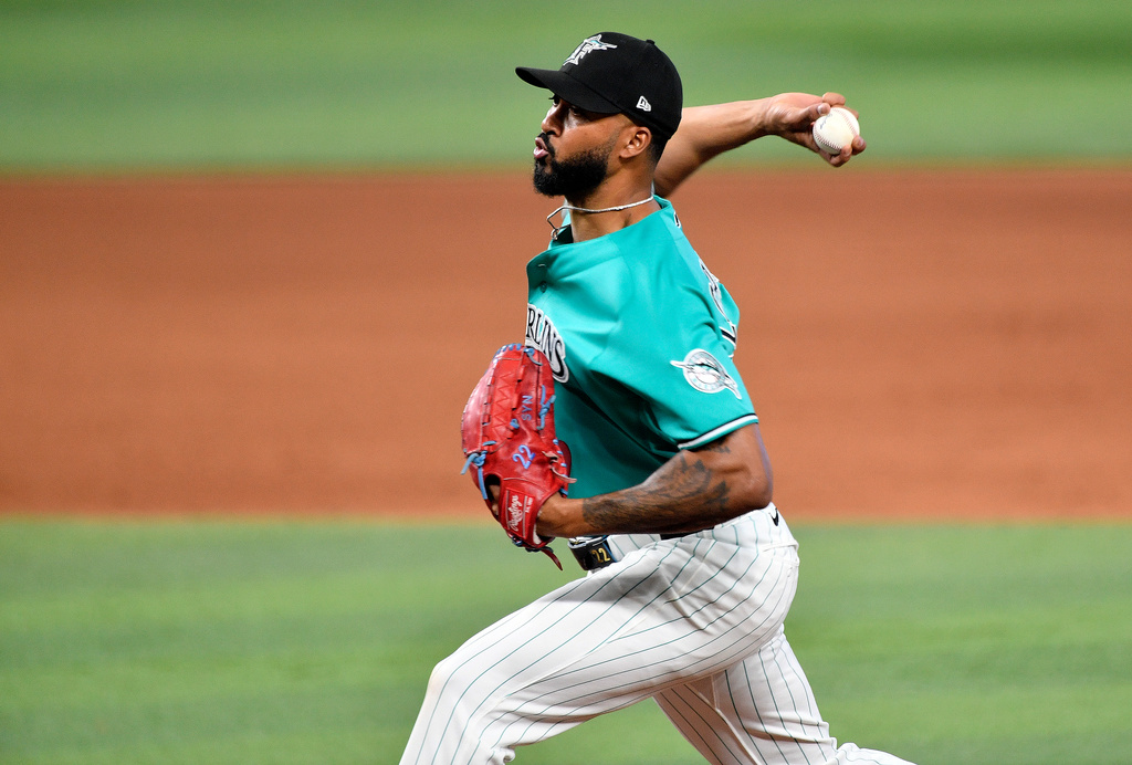 Miami Marlins pitcher Sandy Alcantara throws during the ninth inning of a baseball game against the Atlanta Braves, Sunday, Sept. 27, 2026, in Miami. (AP Photo/Michael Laughlin)