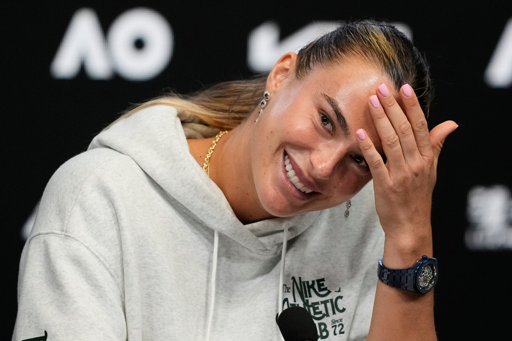 Aryna Sabalenka of Belarus reacts during a press conference ahead of the Australian Open tennis championship in Melbourne, Australia, Friday, Jan. 16, 2026. (AP Photo/Aaron Favila)