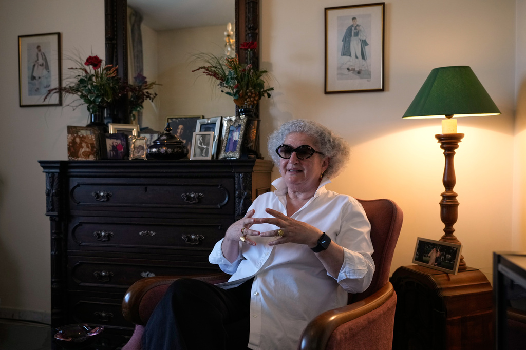 Anissa Helou, 74, one of the Middle East's most acclaimed cooks and food writers, speaks during an interview with the Associated Press at her late mother's apartment in the Mount Lebanon town of Ballouneh, Thursday, July 2, 2026. (AP Photo/Hussein Malla)