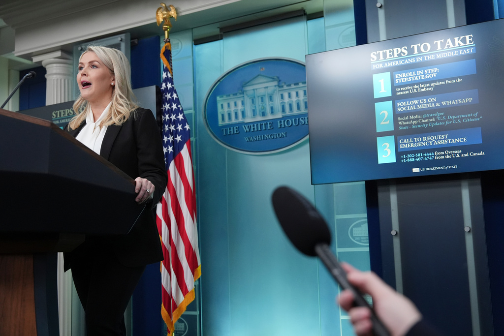 White House press secretary Karoline Leavitt speaks with reporters in the James Brady Press Briefing Room at the White House, Wednesday, March 4, 2026, in Washington. (AP Photo/Jacquelyn Martin)