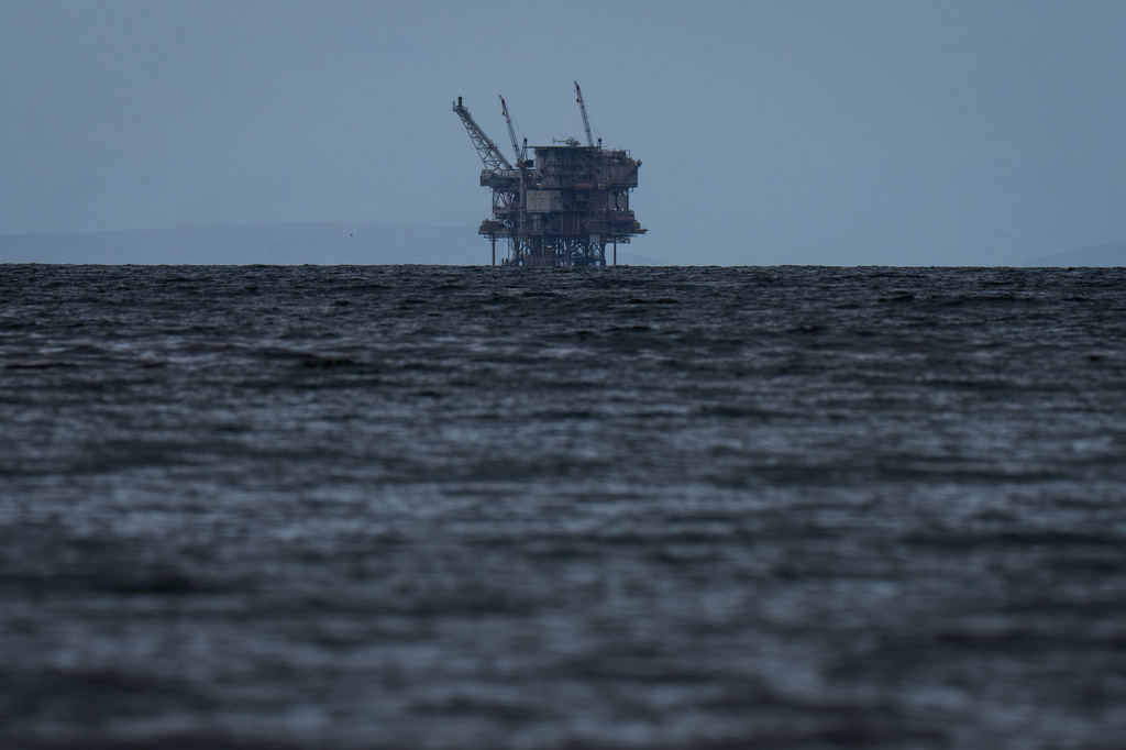 An offshore drilling platform operated by Sable Offshore Corp. is seen from Refugio State Beach near Goleta, Calif., Sunday, April 26, 2026. (AP Photo/Jae C. Hong)
