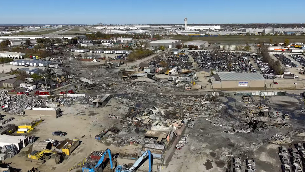 This photo provided by the National Transportation Safety Board shows UPS plane crash scene on Thursday, Nov. 6, 2025 in Louisville, Ky. (NTSB via AP)