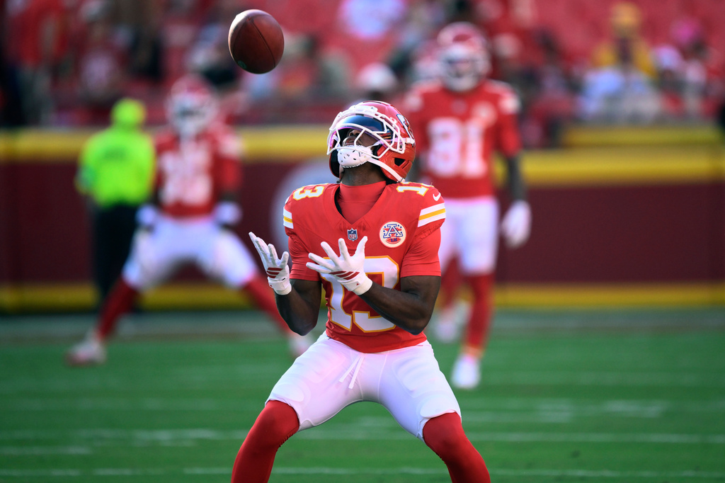 Kansas City Chiefs wide receiver Cyrus Allen warms up prior to a preseason NFL football game against the Seattle Seahawks, Friday, Aug. 28, 2026, in Kansas City, Mo. (AP Photo/Reed Hoffmann)