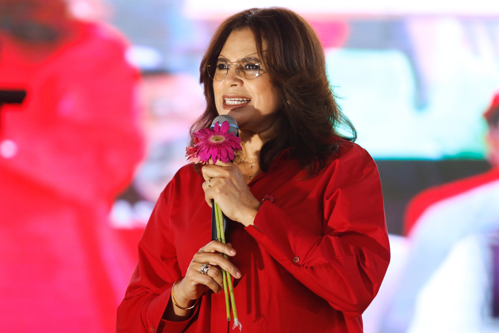 Ruling party presidential candidate Rixi Moncada attends her closing campaign rally in San Pedro Sula, Honduras, Saturday, Nov. 22, 2025. (AP Photo/Delmer Martinez)