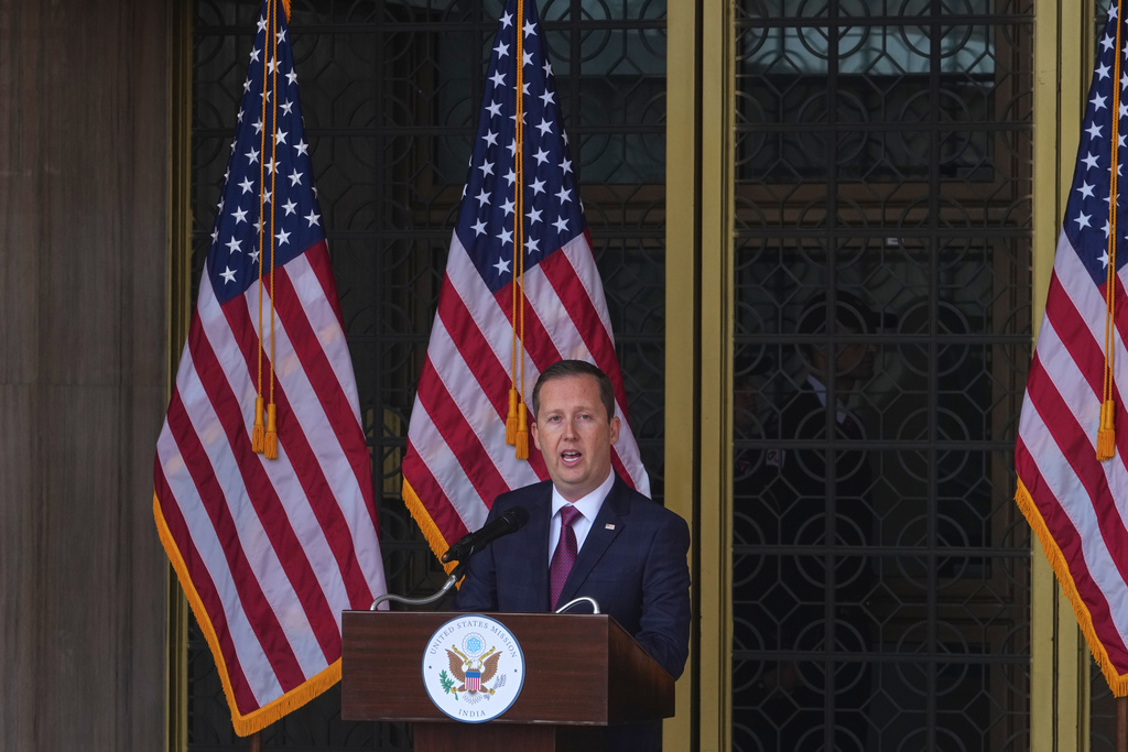 U.S. Ambassador-designate to India Sergio Gor speaks to embassy officials and media upon his arrival at the embassy in New Delhi, India, Monday, Jan. 12, 2026. (AP Photo/Manish Swarup)