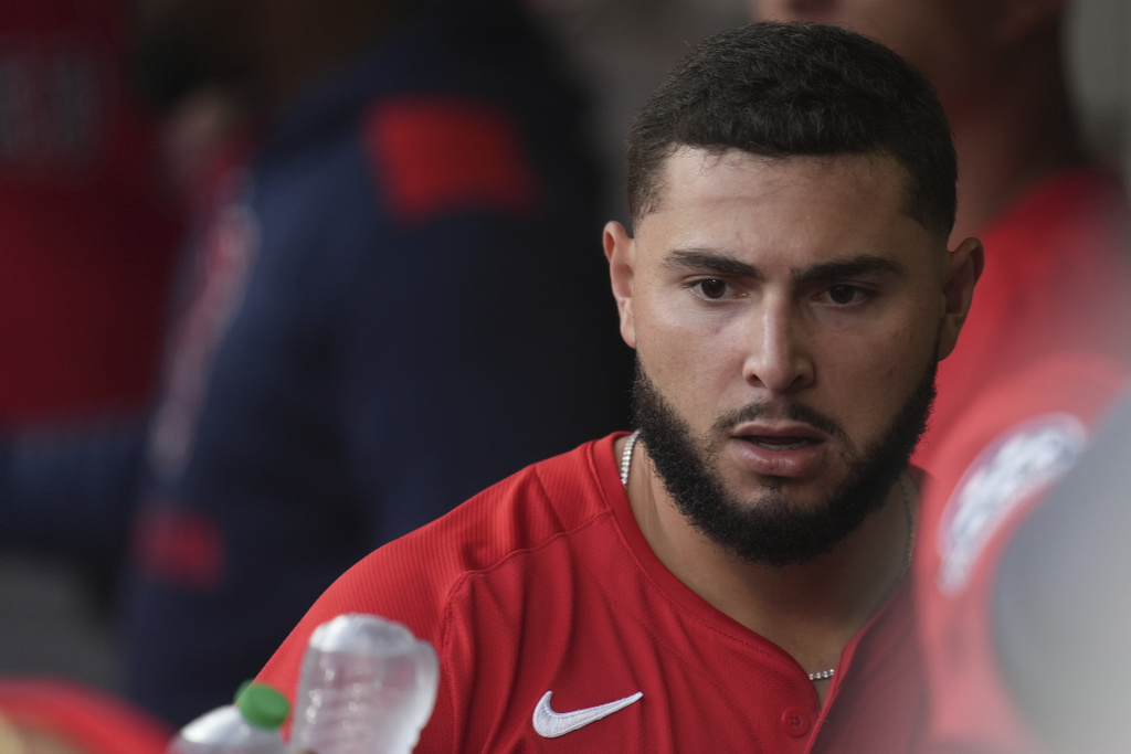 Boston Red Sox right fielder Wilyer Abreu greets teammates in the dugout during the first inning of a baseball game against the San Diego Padres Friday, Aug. 8, 2025, in San Diego. (AP Photo/Gregory Bull)