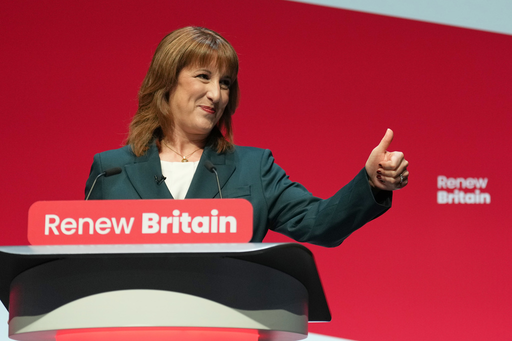 Britain's Chancellor of the Exchequer Rachel Reeves gestures as she gives her keynote speech during the annual Labour Party conference in Liverpool, England, Monday, Sept. 29, 2025. (AP Photo/Jon Super)