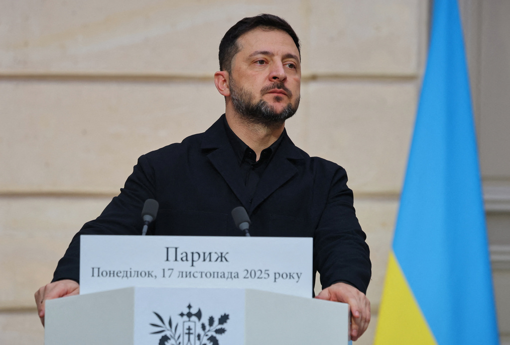 Ukrainian President Volodymyr Zelenskyy, attends a joint press conference with French President Emmanuel Macron at the Elysee Palace in Paris, Monday, Nov. 17, 2025. (Sarah Meyssonnier, Pool Photo via AP)
