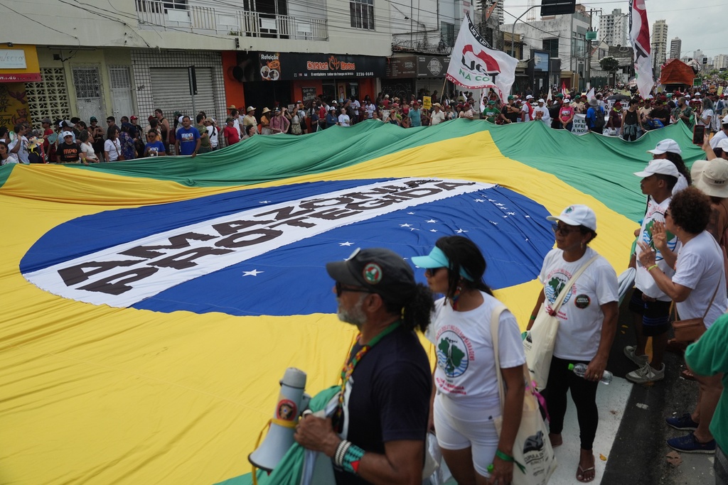 Activists participate in a climate protest during the COP30 U.N. Climate Summit, Saturday, Nov. 15, 2025, in Belem, Brazil. (AP Photo/Joshua A. Bickel)