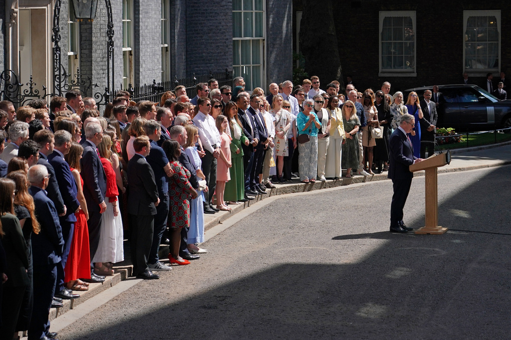 Britain's outgoing Prime Minister Keir Starmer speaks as he leaves 10 Downing Street in London, Monday, July 20, 2026.(AP Photo/Alberto Pezzali)