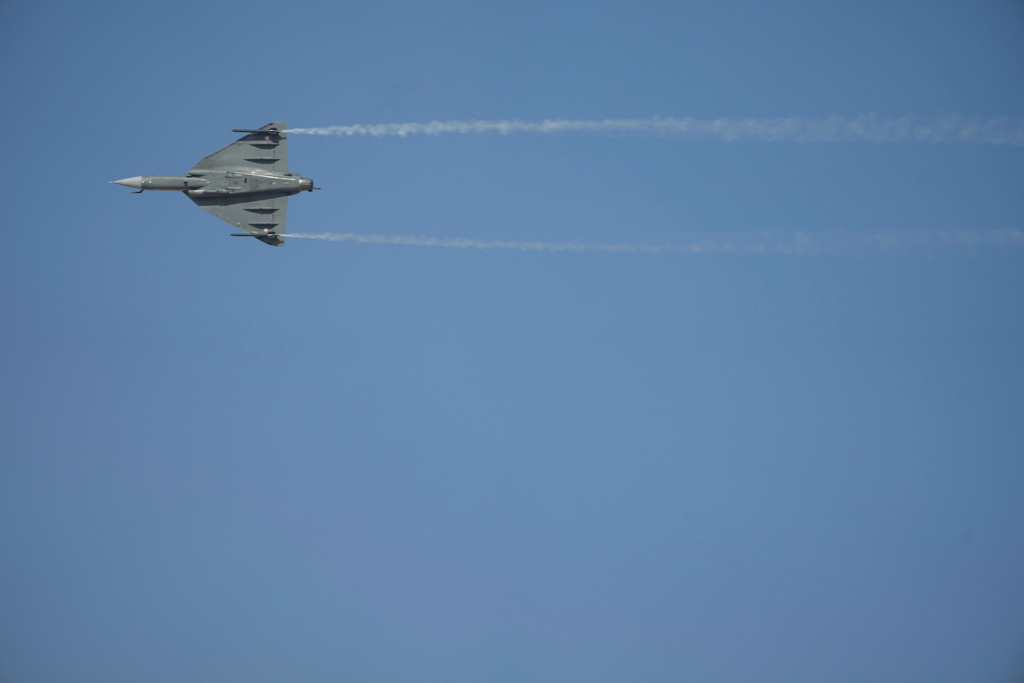 The Indian HAL Tejas during a demonstration moments before crashing at the Dubai Air Show, at Al Maktoum International Airport at Dubai World Central, Dubai, United Arab Emirates, Friday Nov. 21, 2025. (AP Photo/Jon Gambrell)