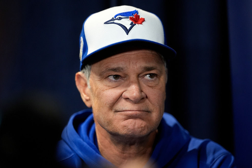 FILE - Toronto Blue Jays bench coach Don Mattingly speaks during a World Series baseball media day, Thursday, Oct. 23, 2025, in Toronto. (AP Photo/David J. Phillip, file)