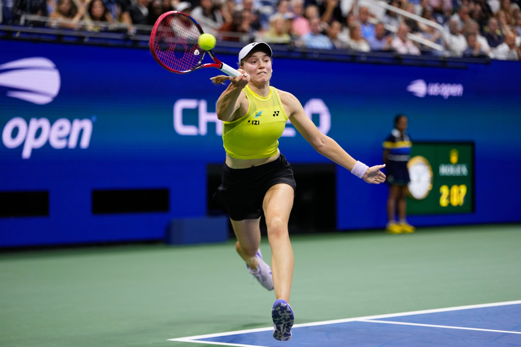 Elena Rybakina, of Kazakhstan, returns the ball to Coco Gauff, of the United States, during the women's singles semifinals of the U.S. Open tennis championships, Thursday, Sept. 10, 2026, in New York. (AP Photo/Seth Wenig)