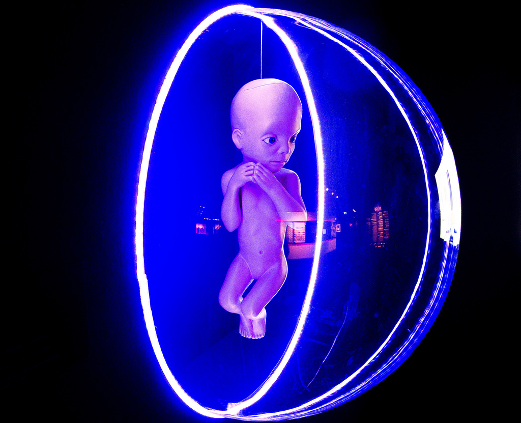 FILE - Stanley Kuberick's prop, "Starchild," is part of the exhibition, "Kubricks 2001: 50 years A Space Odyssey," at the German film museum in Frankfurt, Germany, on March 21, 2018. (AP Photo/Michael Probst, File)