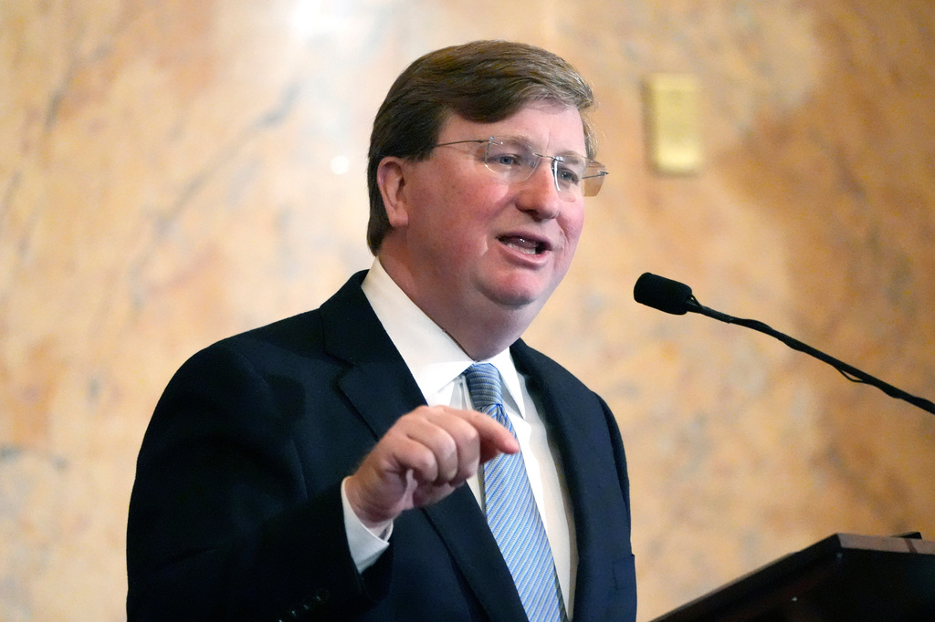 FILE - Mississippi Republican Gov. Tate Reeves delivers his State of the State address to the Mississippi State Legislature, Feb. 26, 2024, at the Capitol in Jackson, Miss. (AP Photo/Rogelio V. Solis, File)