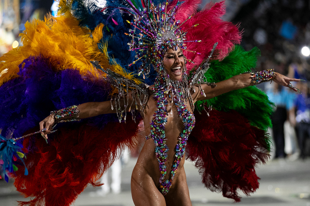 Drum queen Sabrina Sato from Vila Isabel samba school performs during Carnival celebrations at the Sambadrome in Rio de Janeiro, early Wednesday, Feb. 18, 2026. (AP Photo/Bruna Prado)