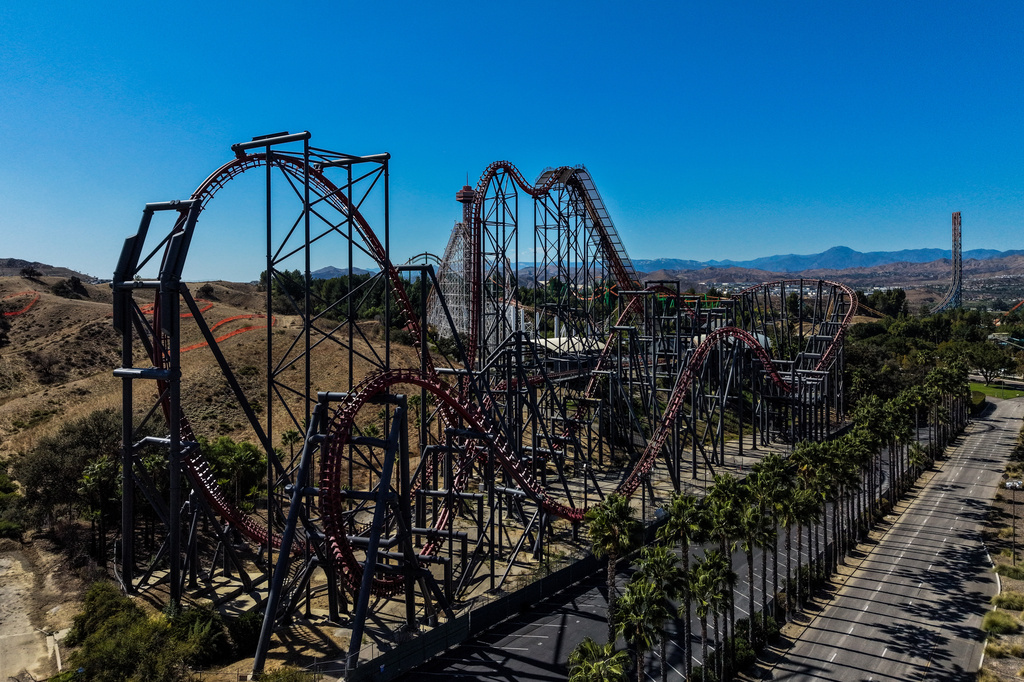 This aerial view shows the X2 roller coaster at Six Flags Magic Mountain in Valencia, Calif., Wednesday, Sept. 23, 2026. (AP Photo/Jae C. Hong)