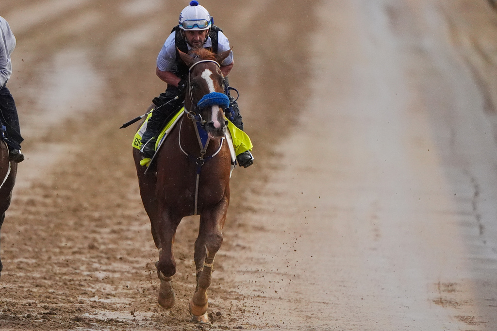 Kentucky Derby entrant Right To Party works out at Churchill Downs Wednesday, April 29, 2026, in Louisville, Ky. (AP Photo/Charlie Riedel)