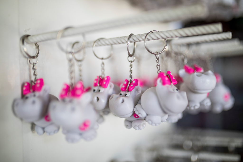 FILE - Hippo key rings are displayed for sale at a souvenir shop near the Hacienda Napoles Park in Puerto Triunfo, Colombia, Tuesday, Feb. 11, 2020. (AP Photo/Ivan Valencia, File)