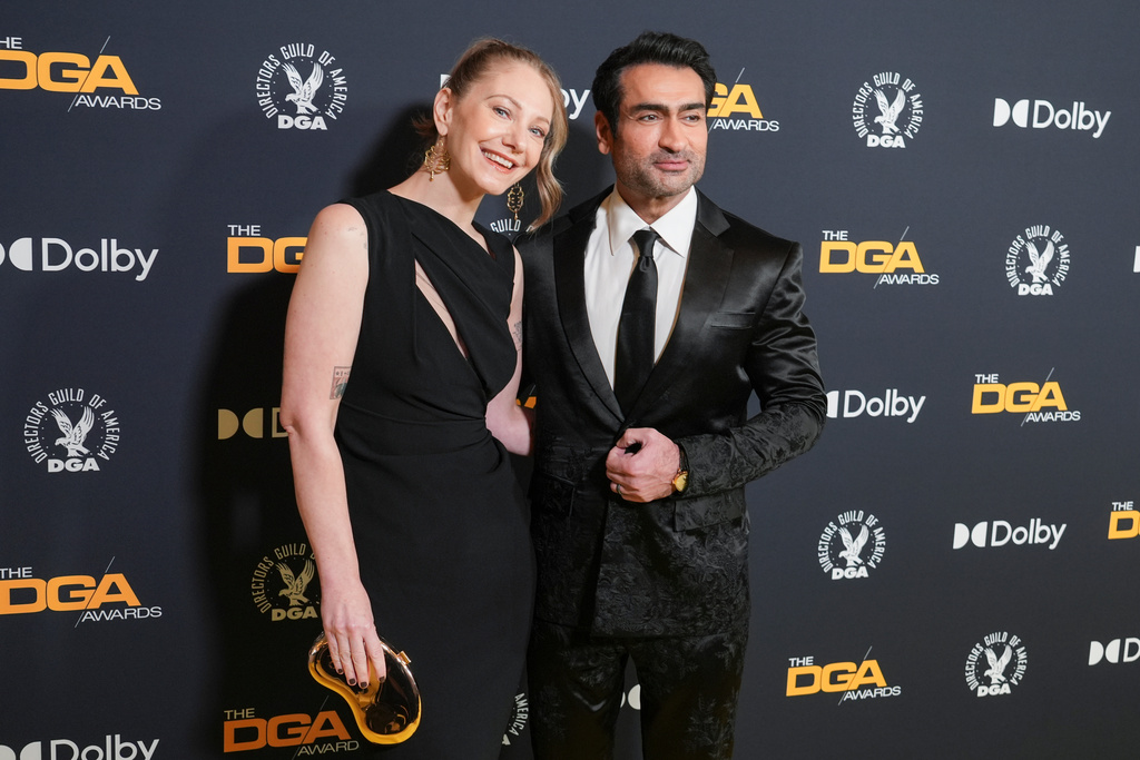 Emily V. Gordon, left, and Kumail Nanjiani arrive at the DGA Awards on Saturday, Feb. 7, 2026, at The Beverly Hilton in Beverly Hills, Calif. (AP Photo/Chris Pizzello)