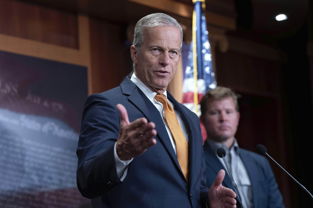 Senate Majority Leader John Thune, R-S.D., speaks during a news conference on Capitol Hill in Washington, Friday, Sept. 19, 2025. (AP Photo/Jose Luis Magana)