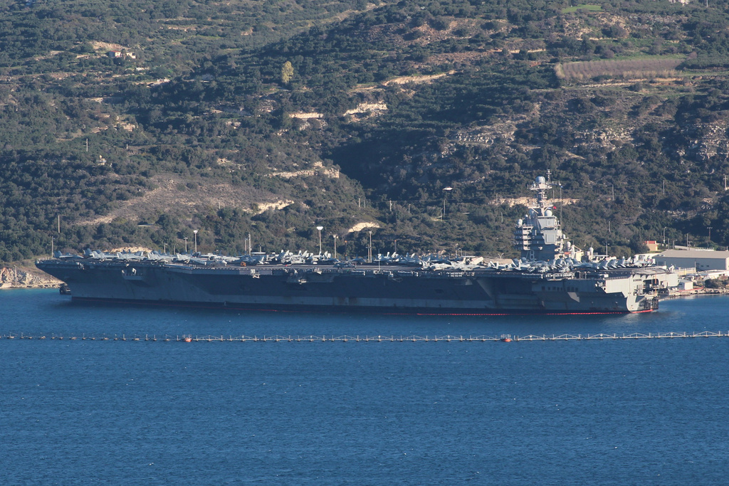 The US Navy's aircraft carrier USS Gerald R. Ford is docked at Souda naval base near the city of Chania, on the southern island of Crete, Greece, on Tuesday, Feb. 24, 2026. (AP Photo/Giannis Angelakis)