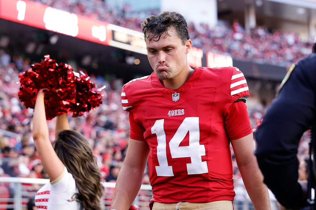San Francisco 49ers quarterback Kurtis Rourke walks off the field during the first half of a preseason NFL football game against the Tennessee Titans, Thursday, Aug. 13, 2026, in Santa Clara, Calif. (AP Photo/Kelley L. Cox)