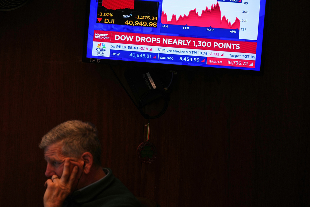 FILE - A screen displays financial news as traders work on the floor at the New York Stock Exchange in New York, Thursday, April 3, 2025. (AP Photo/Seth Wenig, File)